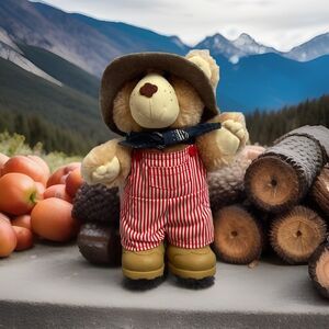 Vintage Furskins 7” Teddy From 1986! Red Striped Overalls, Tan Boots And Hat